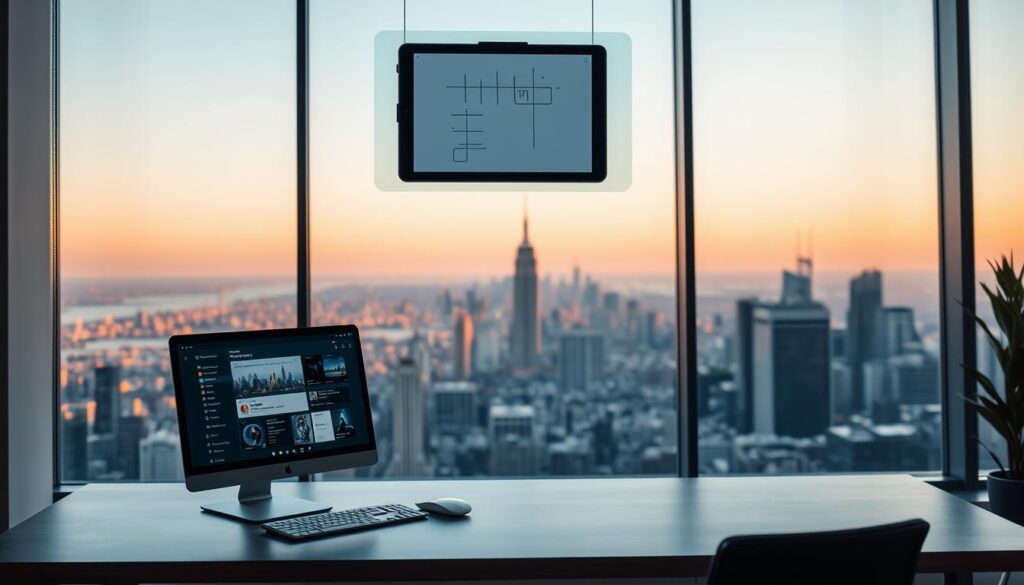 A sleek, minimalist workspace with a floating holographic display showcasing a suite of productivity apps. In the foreground, a high-resolution touchscreen monitor displays a task management interface, while in the middle ground, a stylish tablet hovers above the desk, projecting a collaborative whiteboard. In the background, a panoramic window offers a breathtaking cityscape, bathed in warm, diffused lighting that creates a serene, focused atmosphere. The overall aesthetic blends cutting-edge technology with a sense of elegant simplicity, reflecting the evolution of digital workspaces in 2025.