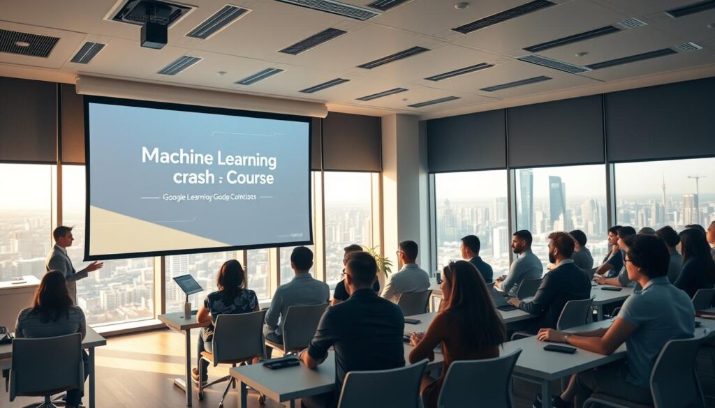 A sleek, modern classroom setting with a large projection screen showcasing the Google Machine Learning Crash Course logo. The room is bathed in warm, natural lighting, with floor-to-ceiling windows offering a view of a bustling city skyline in the background. In the foreground, a group of focused, diverse students are seated at modern, minimalist desks, engaged in an interactive learning session. The overall atmosphere conveys a sense of cutting-edge technology, intellectual curiosity, and a commitment to innovation in the field of machine learning.