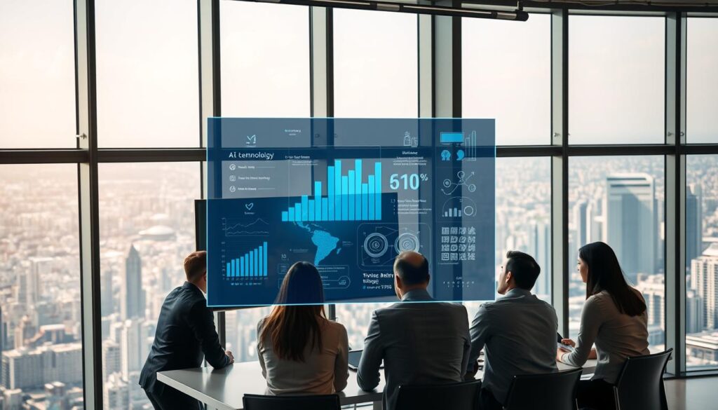 A sleek, modern office interior with floor-to-ceiling windows overlooking a bustling cityscape. In the foreground, a group of businesspeople are gathered around a conference table, deep in discussion. The lighting is warm and natural, casting a soft glow on their faces as they collaborate on a digital presentation displayed on a large screen. In the middle ground, a holographic display hovers above the table, showcasing data visualizations and AI-generated insights. The background is a panoramic view of the city, with skyscrapers and technology hubs in the distance, symbolizing the integration of AI into the fabric of the business world.
