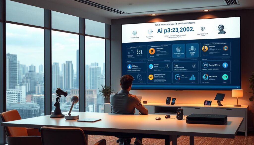A sleek, modern office setting with a large, flat-screen monitor displaying various AI-powered revenue streams. In the foreground, a person sitting at a minimalist desk, deep in thought, surrounded by tactile AI tools and devices. Soft, warm lighting casts an inviting glow, while the background showcases a cityscape through floor-to-ceiling windows, conveying a sense of urban potential and opportunity. The overall mood is one of focused productivity, technological innovation, and the promise of passive income from AI-driven side hustles.