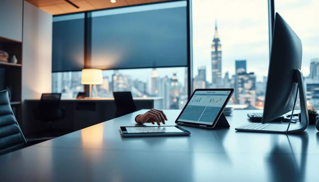 A sleek, modern office setting with a well-organized desk and ergonomic workspace. In the foreground, a person sitting at the desk, deeply focused, their hands on a tablet displaying a strategic planning interface. Soft, directional lighting illuminates the scene, creating a sense of productivity and efficiency. The background features a large window overlooking a bustling city skyline, conveying a sense of purpose and ambition. The overall atmosphere is one of calm, deliberate, and impactful time management.