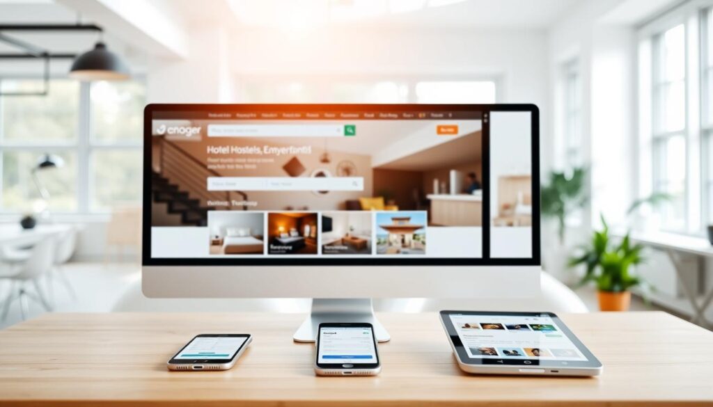 A sleek, modern website interface showcasing various accommodation booking platforms. In the foreground, a desktop or laptop computer screen displays a search engine for finding hotels, hostels, and vacation rentals, with intuitive navigation menus and user-friendly layout. In the middle ground, mobile devices such as smartphones and tablets rest on a minimalist, wooden desk, each displaying their own booking platform apps. The background features a clean, airy workspace with large windows allowing natural light to flood the scene, creating a bright and inviting atmosphere. The overall impression conveys the convenience, efficiency, and variety of accommodation booking options available to modern travelers.
