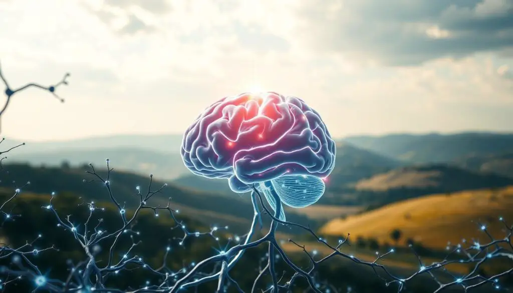 A striking visual representation of neuroplasticity and resilience. In the foreground, a neural network of glowing synapses and neurons, pulsing with dynamic energy. The middle ground features a human brain, its intricate folds and lobes illuminated from within, symbolizing the brain's remarkable ability to adapt and rewire itself. In the background, a serene landscape of rolling hills and a tranquil sky, conveying a sense of balance and inner strength. Lighting is soft and diffused, creating a contemplative atmosphere. The camera angle is slightly elevated, inviting the viewer to contemplate the connection between the brain's neuroplasticity and an individual's capacity for resilience.