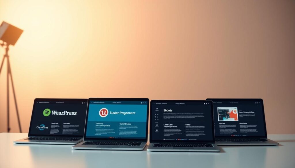 A stylish comparison of leading content management systems, showcased in a sleek, minimalist layout. In the foreground, a clean grid displays logos and names of top CMS platforms, each with a concise description. The middle ground features laptop screens displaying the user interfaces of these systems, allowing a closer examination. The background is a softly blurred, warm-toned studio setting, conveying a professional, authoritative atmosphere. Subtle directional lighting casts a sense of depth and dimension, while a shallow depth of field draws the viewer's focus to the key details. The overall mood is one of informed, considered evaluation of essential blogging tools.