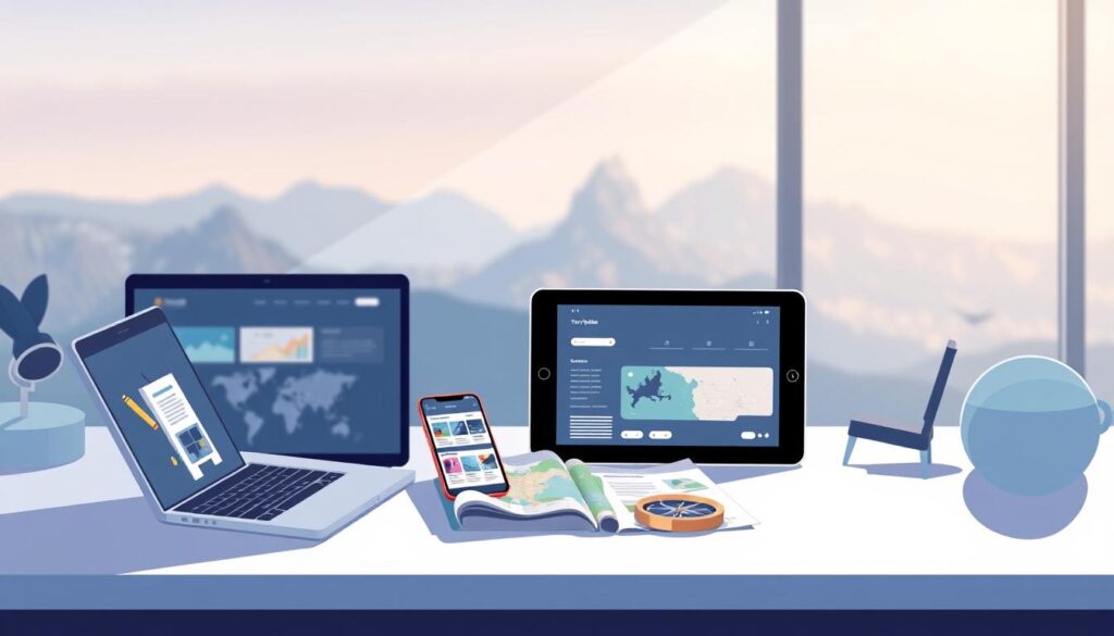 A stylized digital illustration depicting a minimalist, modern workspace with various budget-friendly travel planning tools. In the foreground, a laptop, tablet, and smartphone are arranged neatly, displaying travel planning apps and websites. In the middle ground, a physical travel guide, a map, and a compass are placed, hinting at a mix of digital and analog tools. The background features a blurred, serene landscape with mountains or cityscapes, suggesting the end goal of the travel planning process. The lighting is soft and diffused, creating a calming, aspirational atmosphere. The color palette is muted, with hues of blue, gray, and warm neutrals, reflecting the practical and cost-conscious nature of the travel tools.