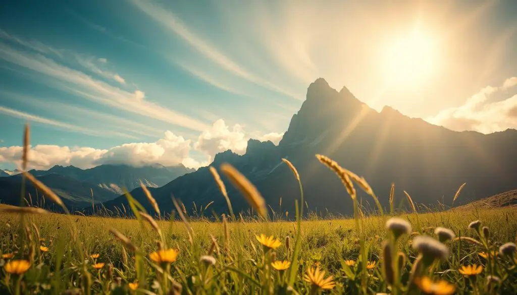 A sun-dappled meadow, lush with wildflowers and swaying grasses. In the foreground, a lone figure - a person of determination, their gaze fixed on the horizon, weathered by life's challenges yet unbowed. Behind them, a towering mountain range, its peaks piercing the sky, symbolic of the heights they have scaled. Beams of warm light filter through wispy clouds, casting a hopeful glow over the scene. The atmosphere is one of resilience, of triumph over adversity, a testament to the indomitable human spirit. Wide-angle lens, natural lighting, cinematic composition.