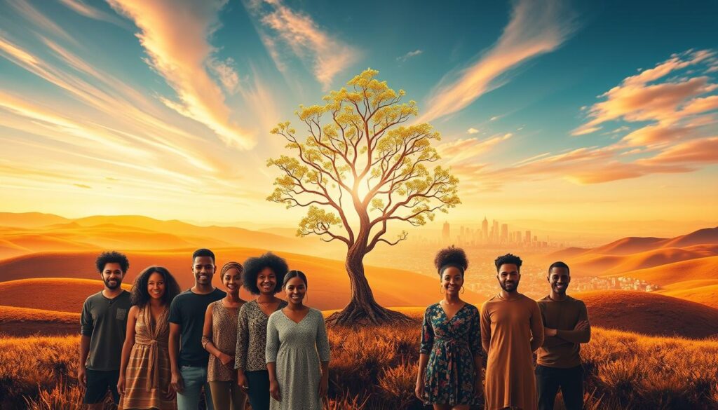 A vast, serene landscape with rolling hills and a vibrant sky bathed in warm, golden light. In the foreground, a group of diverse individuals stand tall, their expressions radiating determination and resilience. They are connected by a tapestry of interwoven narratives, each thread representing a unique story of transformation and empowerment. The middle ground features a towering, stylized tree, its branches reaching skyward, symbolizing the growth and potential within each individual. In the background, a shimmering, abstract cityscape serves as a testament to the collective impact of these empowering narratives, inspiring a future of possibility and self-actualization.