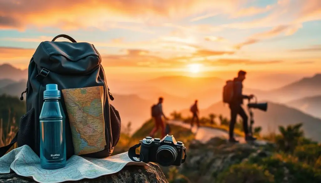 A vibrant collage of budget travel essentials floating against a blurred background of exotic landscapes. In the foreground, a backpack, a map, a water bottle, and a camera stand out in vivid detail, captured in warm, natural lighting. In the middle ground, silhouettes of travelers explore winding paths, conveying a sense of adventure and exploration. The background features hazy mountains, lush forests, and a colorful sunset sky, setting an aspirational, wanderlust-inducing mood. Crisp, high-resolution, cinematic composition.