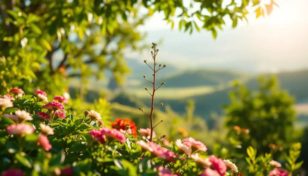 A vibrant, lush garden scene, with verdant foliage and blooming flowers in the foreground. In the middle ground, a young sapling stretches its branches towards the sun, symbolizing growth and renewal. The background features a tranquil, sun-dappled landscape, with rolling hills and a distant horizon. The lighting is soft and warm, creating a serene, inspiring atmosphere. The composition is balanced, with the sapling serving as the focal point, conveying the idea of a growth mindset - the ability to embrace challenges, learn, and evolve. The overall scene exudes a sense of optimism, resilience, and the limitless potential for personal development.