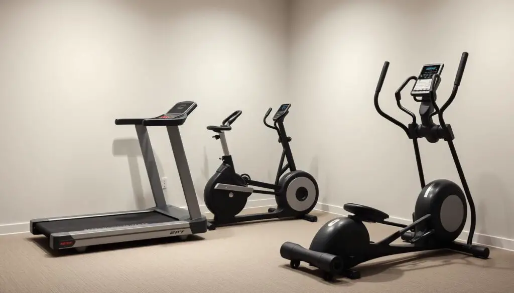 A well-lit and neatly arranged home gym setting, showcasing essential cardio fitness equipment including a sturdy treadmill, a sleek stationary bike, and a versatile elliptical machine. The equipment is positioned against a minimalist, neutral-toned background, allowing the focus to remain on the high-quality, affordable fitness devices. Soft, directional lighting accentuates the smooth lines and modern design of the cardio machines, creating a sense of elegance and practicality. The overall scene conveys a balanced, motivating atmosphere, inspiring viewers to invest in quality, budget-friendly home workout solutions.