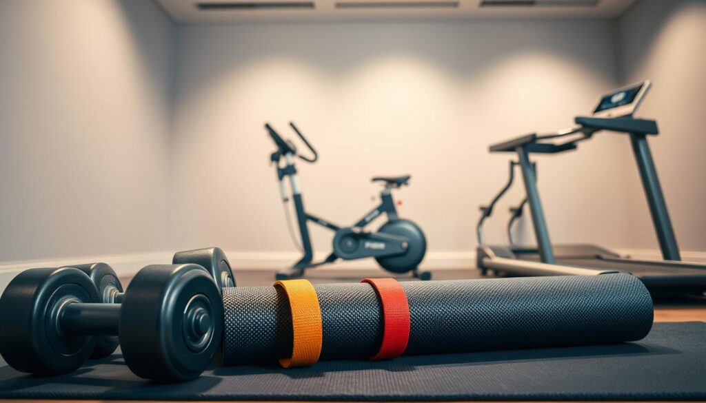 A well-lit, close-up scene of various fitness equipment arranged thoughtfully to showcase their purpose and versatility. In the foreground, a set of dumbbells, a resistance band, and a yoga mat are positioned prominently, conveying the fundamental tools for strength training and flexibility. In the middle ground, a sleek exercise bike and a sturdy treadmill stand, representing cardio equipment for aerobic workouts. The background features a minimalist, modern gym setting with clean, neutral-toned walls, creating a calming, focused atmosphere. The lighting is soft and directional, highlighting the textures and details of the equipment, and the camera angle is slightly elevated to provide an inspiring, aspirational perspective.