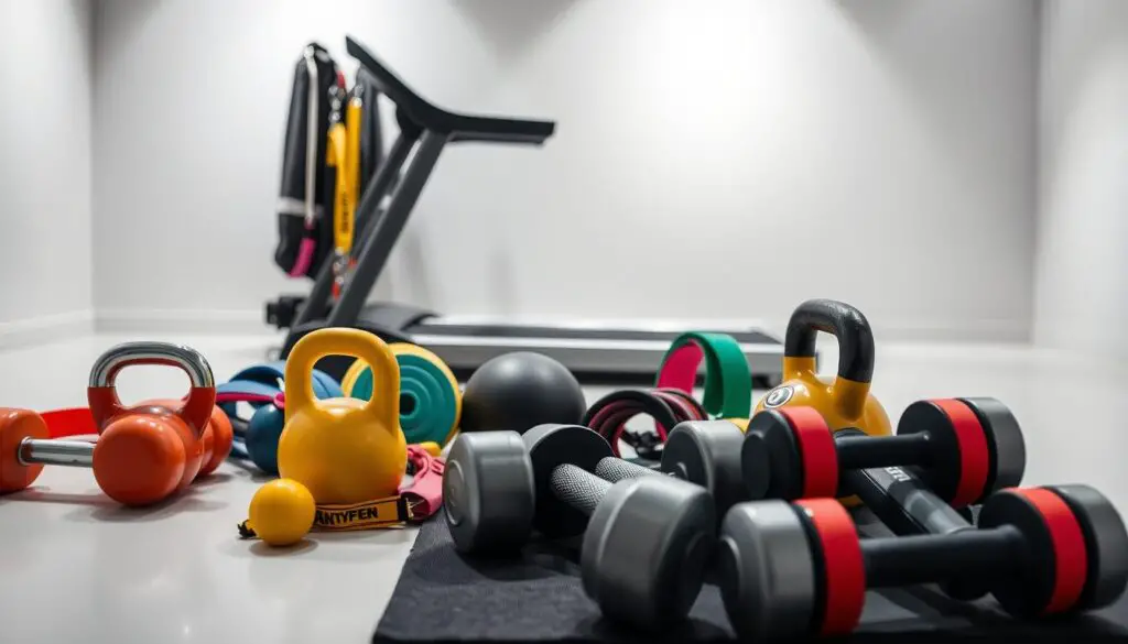 A well-lit, close-up shot of an assortment of high-quality fitness equipment arranged neatly on a sleek, modern backdrop. In the foreground, dumbbells, kettlebells, and resistance bands in various colors and sizes. In the middle ground, a sturdy exercise mat and a compact folding treadmill. In the background, a minimalist, light-colored wall, creating a clean, minimalist atmosphere. The lighting is bright and evenly distributed, highlighting the textures and details of the equipment. The overall mood is one of efficiency, functionality, and a commitment to personal fitness.
