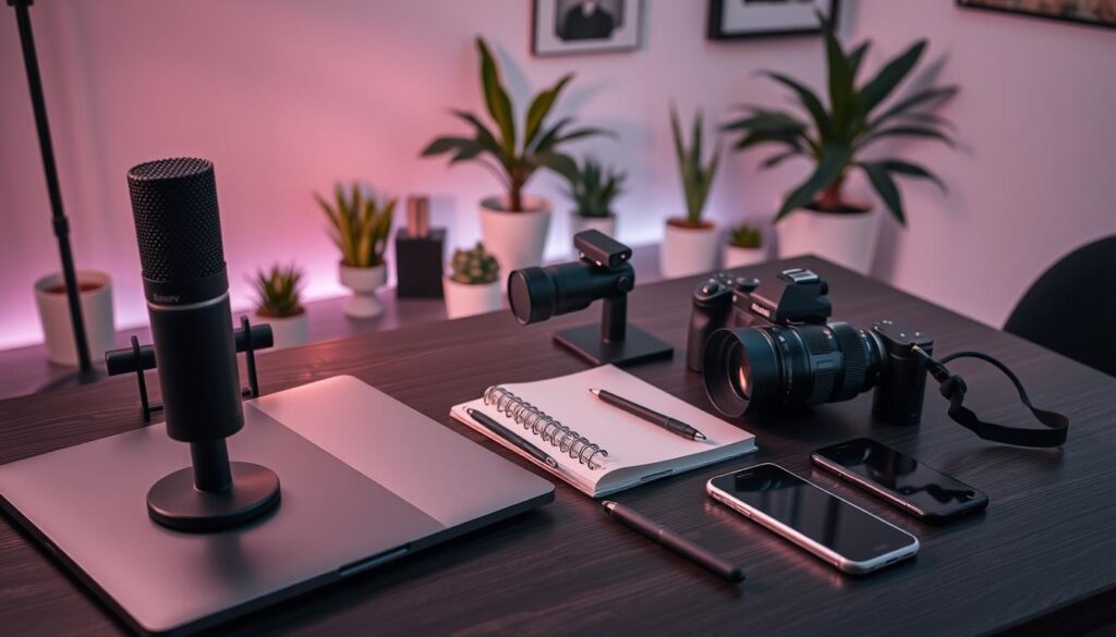 A well-lit desktop showcasing a curated selection of essential blogger tools. In the foreground, a sleek laptop, a high-quality microphone, and a professional camera with a telephoto lens. In the middle ground, a stylish notebook, a selection of writing instruments, and a modern smartphone. The background features a minimalist workspace with potted plants, mood lighting, and subtle wall art. The overall scene conveys a sense of productivity, creativity, and a dedicated workspace for the modern blogger.