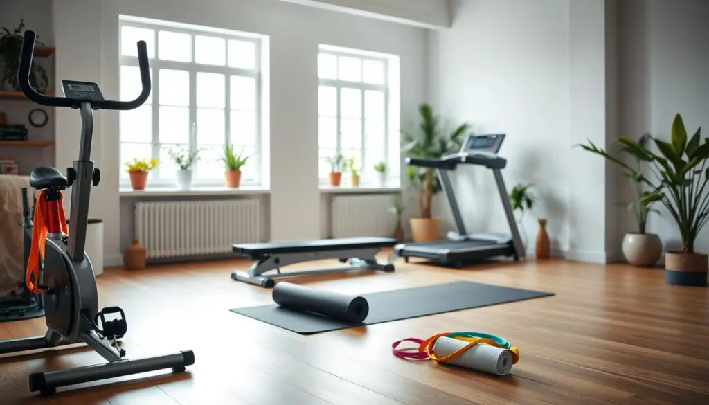 A well-lit home gym showcasing an assortment of affordable fitness equipment arranged harmoniously. In the foreground, a sleek, modern exercise bike, a sturdy yet minimalist weight bench, and a set of colorful resistance bands. In the middle ground, a compact treadmill and a yoga mat rolled out, inviting a variety of low-impact exercises. The background features natural-light-filled windows, lending an airy, rejuvenating atmosphere, and a few potted plants to create a tranquil, wellness-focused setting. The overall scene conveys the value of accessible, versatile home workouts that can be seamlessly integrated into one's daily life.