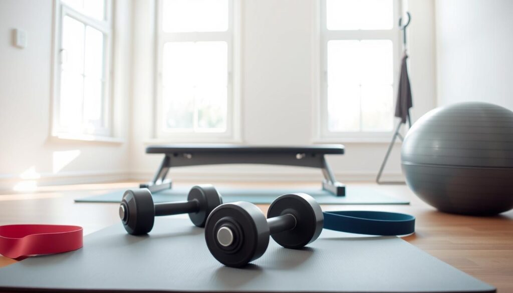 A well-lit, minimalist home gym setting with a variety of essential fitness equipment for beginners. In the foreground, a sleek exercise mat, a set of dumbbells, and a resistance band in a harmonious color palette. In the middle ground, a sturdy exercise bench and a stability ball, both positioned to create a balanced, functional arrangement. The background features a large window, letting in natural light and providing a serene, inviting atmosphere. The overall scene conveys a sense of simplicity, practicality, and accessibility, suitable for those new to the world of fitness.