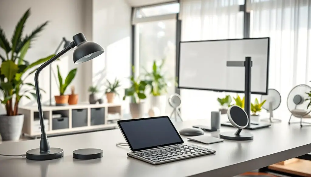 A well-lit, modern home office showcasing an array of affordable yet functional gadgets. In the foreground, a sleek, minimalist desk with a stylish desk lamp, a wireless charging pad, and a high-quality webcam mounted on a flexible stand. On the desk, a tablet and a smartphone stand, along with a compact, minimalist keyboard. In the middle ground, a modular storage system with compartments for organizing office supplies, a small desktop organizer, and a minimalist desk fan. The background features a large, frameless monitor mounted on an adjustable arm, surrounded by potted plants and natural lighting streaming in through large windows, creating a tranquil, productive atmosphere.