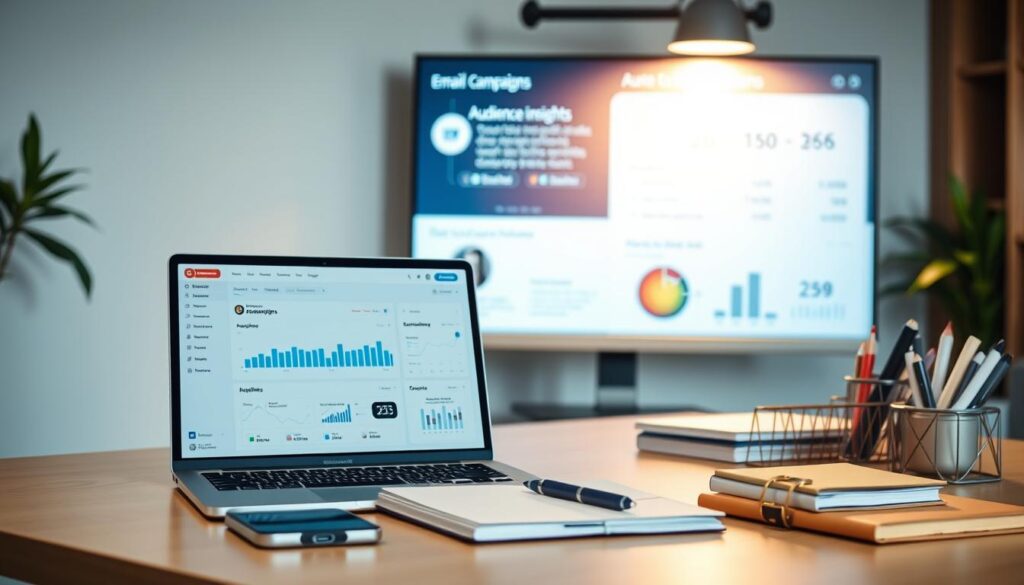 A well-lit, professional office scene showcasing the essential tools for email marketing. In the foreground, a laptop displays a sleek email campaign dashboard, with analytics and segmentation options. Atop the desk, a smartphone, a pen, and a notebook symbolize the planning and strategy involved. In the middle ground, a folder and a stylish desktop organizer hint at the organizational aspects. The background features a large monitor displaying audience insights and A/B test results, casting a warm glow over the scene. The overall atmosphere conveys a sense of productivity, efficiency, and the importance of email marketing for a successful blogging business.