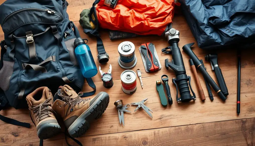 A well-organized arrangement of essential backpacking gear, neatly laid out on a wooden surface. In the foreground, a sturdy backpack, hiking boots, and a water bottle. In the middle ground, a camping stove, a compass, and a multi-tool. In the background, a sleeping bag, a headlamp, and a folding trekking pole. The lighting is soft and natural, accentuating the textures and colors of the various items. The overall mood is one of preparedness and adventure, capturing the spirit of the "Best Backpacking Travel Guide for Students & Nomads" and the "Backpacking Gear Essentials for Students and Nomads" section.