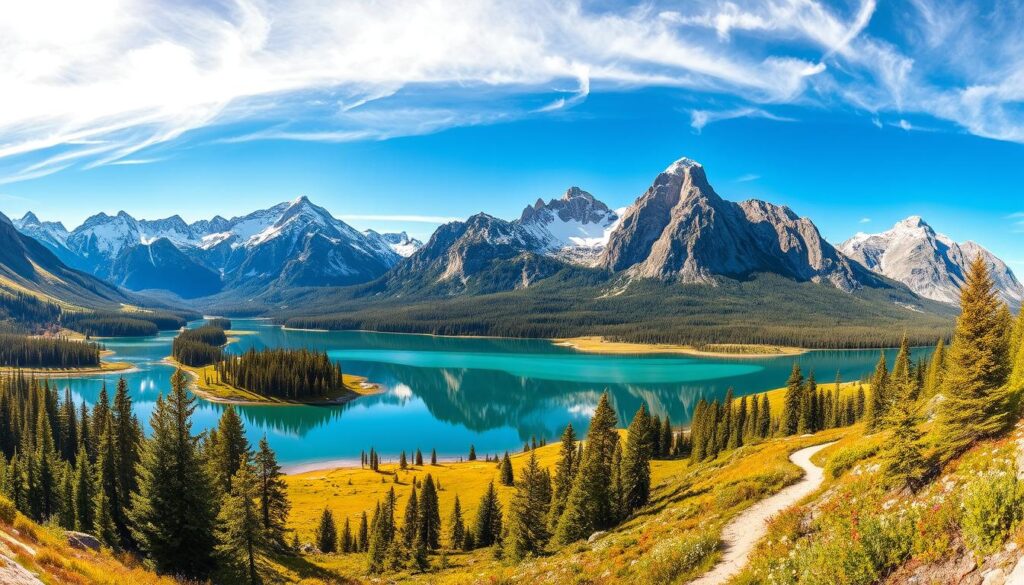 Breathtaking panoramic landscape of America's diverse outdoor destinations, showcasing majestic mountains, serene lakes, lush forests, and sprawling national parks. In the foreground, a crystalline alpine lake reflects the towering peaks capped with pristine snow, surrounded by verdant evergreen trees. The middle ground reveals a winding hiking trail leading through a vibrant, sun-dappled meadow, dotted with wildflowers. In the distance, a massive granite mountain range rises majestically against a clear, azure sky, with wispy clouds drifting overhead. Warm, golden sunlight bathes the entire scene, creating a tranquil, awe-inspiring atmosphere that captures the essence of America's premier outdoor destinations for nature enthusiasts.