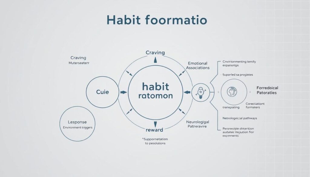 a detailed diagram of the habit formation process, showing the different stages and elements involved. a clean, minimalist style with muted colors and geometric shapes, resembling an infographic or scientific illustration. the foreground depicts the core stages of habit formation - cue, craving, response, and reward - as interconnected circular elements. the middle ground shows supporting factors like environmental triggers, emotional associations, and neurological pathways. the background features a subtle grid or wireframe structure, conveying the scientific and systematic nature of the process. the overall composition should feel informative, insightful, and visually engaging.