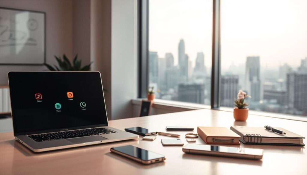 A bright and modern office workspace with a clean, organized desk. On the desk, an array of productivity apps and tools are neatly arranged, including a laptop, smartphone, and various icons representing focus, time management, and task management apps. The lighting is soft and warm, creating a productive and focused atmosphere. In the background, a large window overlooking a bustling city skyline provides a sense of energy and inspiration. The overall scene conveys a sense of efficiency, organization, and a commitment to maximizing productivity through the use of carefully curated digital tools.