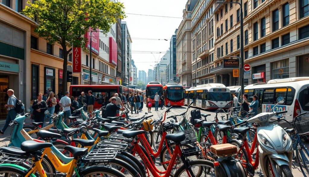 A bustling city street, sun-dappled and vibrant, plays host to a diverse array of budget travel transportation. In the foreground, a colorful fleet of bicycles and scooters await their next riders, their sleek lines and practical designs suggesting a sense of freedom and accessibility. In the middle ground, a crowded bus station teems with commuters, their luggage and backpacks hinting at journeys near and far. In the background, the silhouettes of trains and trams glide across the skyline, their efficient routes connecting the urban landscape. The scene conveys a palpable energy, a celebration of the resourceful and innovative ways in which travelers can navigate the world on a budget, embracing the local experience and the spirit of adventure.
