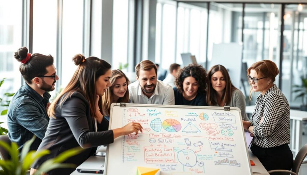 A bustling office scene, with a team of professionals gathered around a table, deep in discussion. The foreground features a whiteboard covered in colorful diagrams and notes, capturing the collaborative spirit of problem-solving. The middle ground showcases the team members, each intently focused, with expressions of determination and creativity. The background is softly blurred, hinting at the broader context of the workspace, filled with natural light streaming through large windows. The overall atmosphere is one of focused energy, as the team navigates challenges with a sense of purpose and camaraderie.