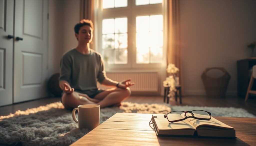 A cozy and serene morning scene, bathed in warm, golden light filtering through a large window. In the foreground, a person sits cross-legged on a plush, neutral-toned rug, eyes closed in deep meditation, surrounded by the tranquil atmosphere. In the middle ground, a wooden table holds a steaming mug of coffee, a journal, and a pair of reading glasses, hinting at the rituals of focus and reflection. The background depicts a minimalist, Scandinavian-inspired space, with clean lines and natural materials, creating a calming and conducive environment for a productive start to the day.