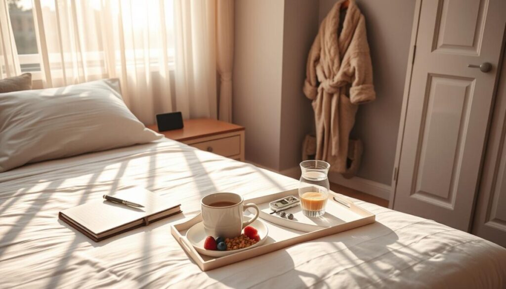 A cozy bedroom at dawn, sunlight filtering through sheer curtains. On the nightstand, a notebook, a pen, and a digital alarm clock. Nearby, a tray holds a mug of steaming coffee, a glass of water, and a healthy breakfast of yogurt, granola, and fresh berries. A plush robe hangs on a hook, and a pair of slippers wait on the floor, ready for the day ahead. The atmosphere is serene and focused, setting the stage for a productive and intentional morning routine.