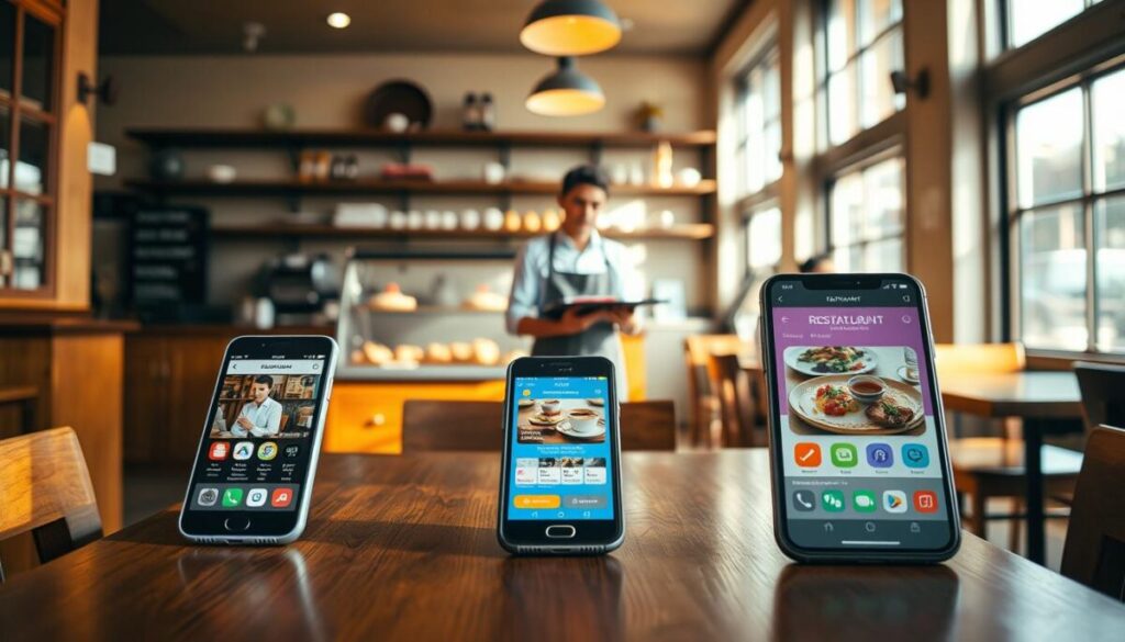 A cozy cafe interior, bathed in warm, natural lighting from large windows. Prominently displayed on the wooden tables are several smartphone screens showcasing various restaurant discount apps, their colorful interfaces inviting the viewer to explore. In the middle ground, a server approaches a table, carrying a tray of delectable dishes. The background features shelves of tempting desserts and drinks, hinting at the satisfying culinary experience awaiting the savvy traveler. The overall atmosphere exudes a sense of relaxation and cost-consciousness, with the apps seamlessly integrated into the cafe setting.