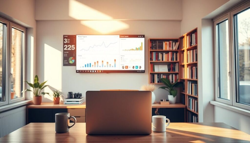 A cozy home office in the year 2025, flooded with warm, natural light streaming through large windows. In the foreground, a minimalist desk with a sleek laptop, a mug of steaming coffee, and a plant adding a touch of greenery. The middle ground features a wall-mounted monitor displaying analytics and social media dashboards, reflecting the importance of data-driven blogging. In the background, bookshelves filled with a diverse range of titles, hinting at the wealth of knowledge and inspiration available to the modern blogger. The overall atmosphere is one of productivity, creativity, and a forward-looking vision for the future of blogging.