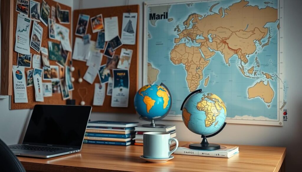 A cozy home office with a desk, laptop, and travel planning materials. Soft, warm lighting illuminates a corkboard displaying maps, postcards, and travel itineraries. In the middle ground, a globe and stack of guidebooks sit beside a mug of coffee. The background features a large world map, hinting at the endless possibilities for budget-friendly adventures. The overall atmosphere conveys a sense of planning, exploration, and wanderlust, inspiring the viewer to embark on their own affordable journey.