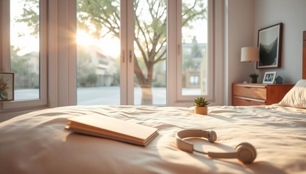 A cozy morning scene bathed in warm, soft light. In the foreground, a person sits on the edge of their bed, sipping a cup of steaming coffee and thoughtfully gazing out a large window overlooking a tranquil, tree-lined street. The middle ground features neatly arranged self-care items - a journal, a small succulent plant, and a pair of noise-cancelling headphones. In the background, the corner of a wooden dresser and a framed piece of abstract art can be seen, creating a sense of a well-appointed, minimalist bedroom. The overall mood is one of focus, calm, and intentionality - a peaceful start to the day.