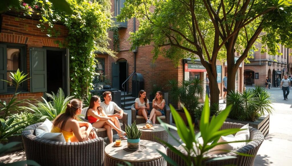 A cozy, sun-drenched hostel courtyard with lush, vibrant greenery surrounding a charming brick building. In the foreground, a group of young international travelers lounge on wicker furniture, engaged in lively conversation over coffee and pastries. Soft, warm lighting filters through the trees, creating a relaxed, inviting atmosphere. In the background, glimpses of historic architecture and the bustling city streets hint at the cultural richness of the destination. The scene conveys the affordable, authentic travel experience of discovering a new place through the eyes of local residents.