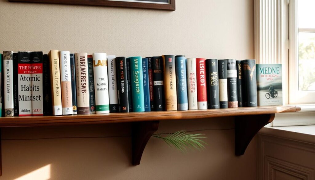 A cozy, well-lit home library setting, featuring a collection of personal growth books neatly arranged on rustic wooden shelves. Soft natural lighting filters through the window, casting a warm glow on the spines of the books. In the foreground, a few key titles stand out, their covers enticing and inviting, such as "The Power of Habit," "Atomic Habits," and "Mindset." In the middle ground, other popular self-improvement books like "Man's Search for Meaning," "Daring Greatly," and "The Untethered Soul" line the shelves, creating a sense of depth and depth of knowledge. The background is a neutral, calming wall color, allowing the books to be the focal point. The overall atmosphere is one of tranquility, introspection, and the promise of personal growth.