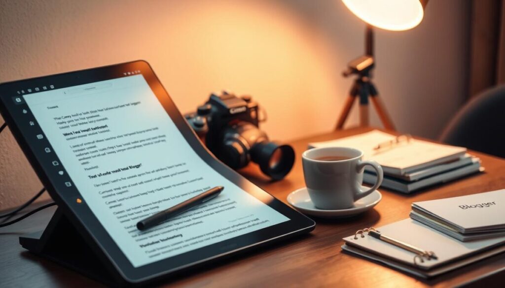 A cozy workspace with an array of content creation tools for bloggers. In the foreground, a high-resolution monitor displays a word processor, the cursor blinking expectantly. Beside it, a tablet with a stylus rests, ready for digital sketching and note-taking. In the middle ground, a professional-grade camera and a compact tripod stand, suggesting the ability to capture high-quality visuals. On the desk, a cup of steaming coffee and a stack of notebooks, alluding to the blend of technology and traditional methods. The background features soft, warm lighting, creating a focused and productive atmosphere, ideal for crafting engaging blog content.
