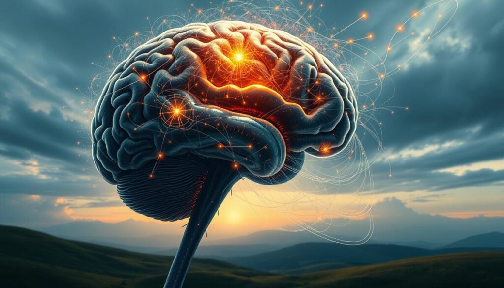 A detailed, high-resolution digital painting depicting the internal processes of the human brain as it navigates and overcomes adversity. The foreground shows a cross-section of the brain, with neurons firing and synapses connecting, representing the complex neural activity involved in problem-solving and resilience. The middle ground showcases intricate, swirling patterns of energy and information flow, symbolizing the brain's adaptability and the dynamic nature of its response to challenges. The background is a serene, contemplative landscape, with soft, diffused lighting and a sense of peaceful focus, conveying the mental clarity and determination required to rise above obstacles. The overall mood is one of intellectual depth, emotional strength, and the triumph of the human mind.