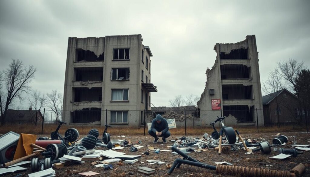 A dilapidated building stands in a gloomy, overcast landscape, its crumbling facade symbolizing the failure of habits to take root. The foreground depicts discarded habit trackers, fitness equipment, and motivational posters, a stark contrast to the neglected structure behind. Streaks of rain trace down the windows, obscuring the view of the interior, suggesting the fading of good intentions. In the middle ground, a solitary figure sits hunched, surrounded by the remnants of their unsuccessful attempts. The overall mood is one of melancholy and resignation, underscoring the difficulty of building lasting habits.