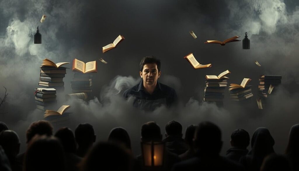 A dramatic, high-contrast scene depicting the transformative power of storytelling. In the foreground, a person emerges from swirling mists, their face illuminated with a determined, empowered expression. Surrounding them, stacks of open books and scrolls float in the air, their pages glowing with an ethereal light. In the middle ground, shadowy figures gather, listening intently to the central character's narrative. The background is obscured by a deep, atmospheric haze, suggesting a sense of mystery and possibility. Dramatic lighting casts dramatic shadows, creating a sense of depth and drama. The overall mood is one of inspiration, courage, and the ability of stories to reshape our lives.