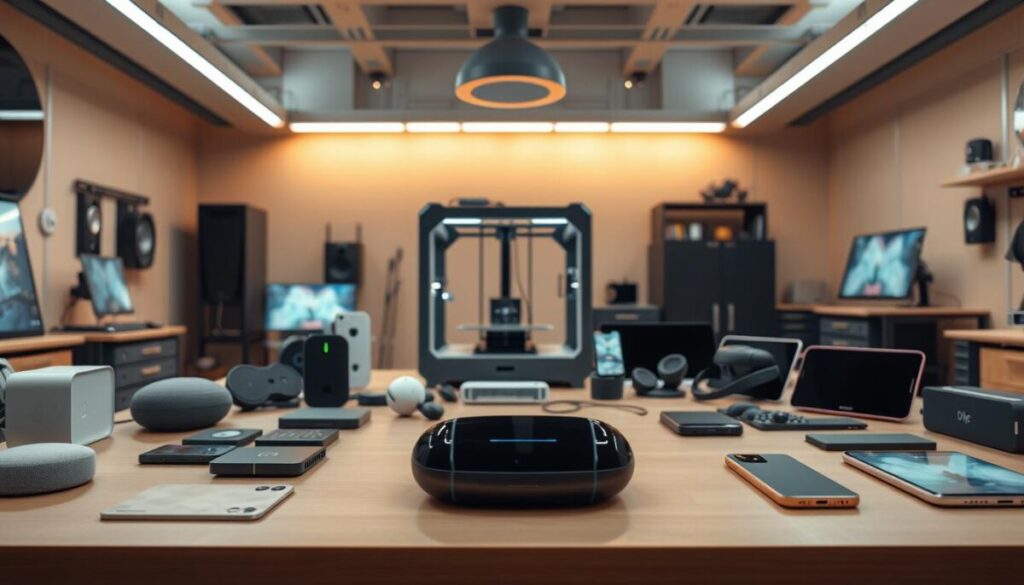 A high-tech workshop filled with innovative, user-friendly gadgets against a backdrop of sleek, minimalist decor. In the foreground, a variety of compact, intuitive devices—smart assistants, wireless chargers, foldable displays—showcasing cutting-edge design and functionality. The middle ground features a 3D printer and an augmented reality headset, hinting at the powerful capabilities of these next-generation tools. Warm, indirect lighting illuminates the scene, creating a sense of calm and wonder. Taken with a wide-angle lens to capture the depth and scale of this futuristic workspace, the image conveys a vision of technology seamlessly integrated into daily life, making it more efficient, connected, and delightful.