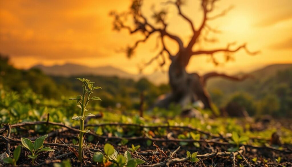 A lush, verdant landscape under a warm, golden-hued sky. In the foreground, a single sapling emerges from the earth, its delicate leaves reaching towards the light. Surrounding the sapling, a tangle of thorns and obstacles, symbolizing the challenges and adversity it must overcome. Yet, the sapling remains steadfast, its stem growing stronger and more resilient with each passing day. In the middle ground, a towering, gnarled tree stands tall, its twisted branches a testament to its ability to weather any storm. The background depicts a distant mountain range, its peaks shrouded in mist, hinting at the journey ahead. The overall scene conveys a sense of hope, determination, and the indomitable spirit of growth through adversity.