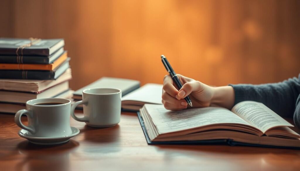 A meticulously crafted still life scene depicting the intricacies of habit formation. In the foreground, a stack of books, a cup of coffee, and a pen sit atop a polished wooden desk, symbolizing the tools of learning and productivity. In the middle ground, a person's hand writes diligently in a notebook, the pages filled with notes and sketches, representing the conscious effort required to build new habits. The background is a soft, blurred blur of muted colors, suggesting the tranquil, focused environment necessary for habit cultivation. Warm, directional lighting casts subtle shadows, adding depth and a sense of intentionality to the composition. The overall mood is one of contemplation, discipline, and the steady progress of habit formation.