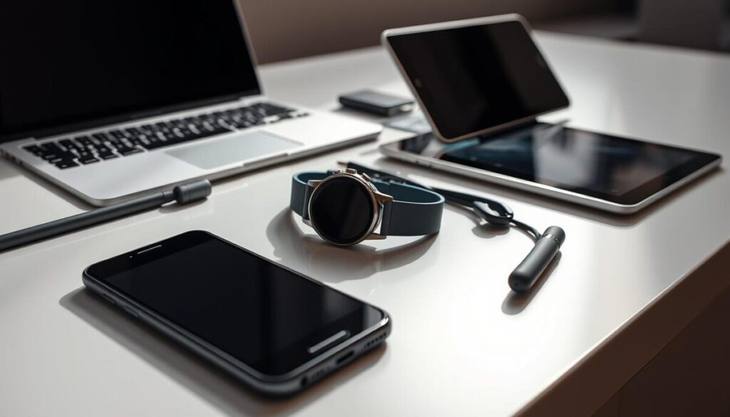 A meticulously curated collection of contemporary lifestyle accessories arranged in a visually striking composition. In the foreground, a sleek smartphone, wireless earbuds, and a minimalist smartwatch lie atop a polished, reflective surface, bathed in soft, directional lighting. In the middle ground, a state-of-the-art laptop and a tablet device with a touchscreen display are positioned purposefully, showcasing their modern, streamlined designs. The background features a muted, yet sophisticated color palette, allowing the technological artifacts to take center stage and highlight their transformative potential in elevating everyday living.