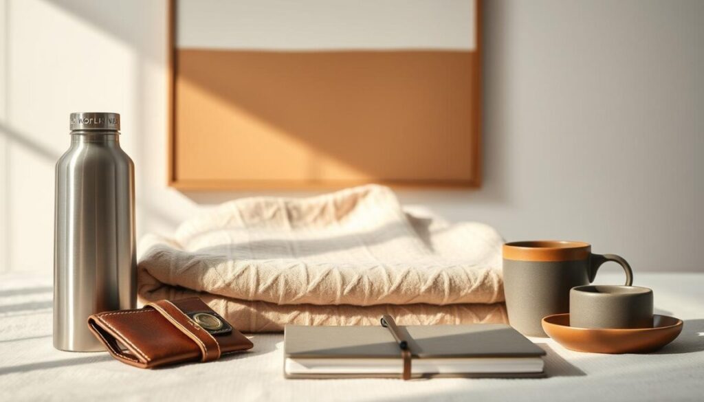 A meticulously curated collection of lifestyle essentials, artfully arranged against a soft, natural backdrop. In the foreground, a selection of high-quality, minimalist everyday objects - a sleek stainless steel water bottle, a sturdy leather wallet, and a thoughtfully designed notebook with a refined, matte finish. In the middle ground, a neatly folded, luxurious cashmere throw blanket, and a set of elegant ceramic mugs. The background features a wall adorned with a large, minimalist artwork, casting a warm, diffused light across the scene. The overall composition conveys a sense of understated elegance, thoughtful design, and the essence of a life well-lived.