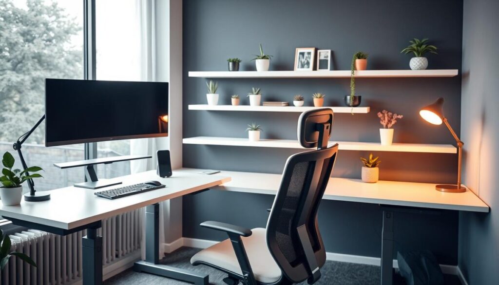 A meticulously designed ergonomic home office setup, featuring a sleek and minimalist workstation. In the foreground, a modern, adjustable desk with a clean white surface, complemented by an ergonomic office chair with lumbar support. On the desk, a high-resolution monitor, a wireless keyboard and mouse, and a subtle desk lamp providing warm, ambient lighting. The middle ground showcases a series of floating shelves displaying a few carefully curated plants and decor items, creating a harmonious and rejuvenating atmosphere. The background highlights a large window, allowing natural light to flood the space and giving a sense of openness and connection to the outdoors.