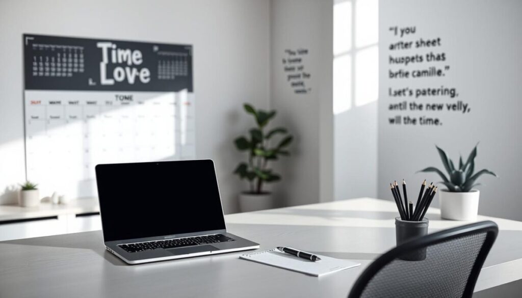 A minimalist office setting with a clean, modern aesthetic. In the foreground, a desk with a laptop, pen, and a simple to-do list. The background features a large wall calendar and motivational quotes on the wall, highlighting the importance of time management. Soft, directional lighting creates a focused, productive atmosphere. The overall composition conveys a sense of organization, efficiency, and a well-structured approach to managing one's time.