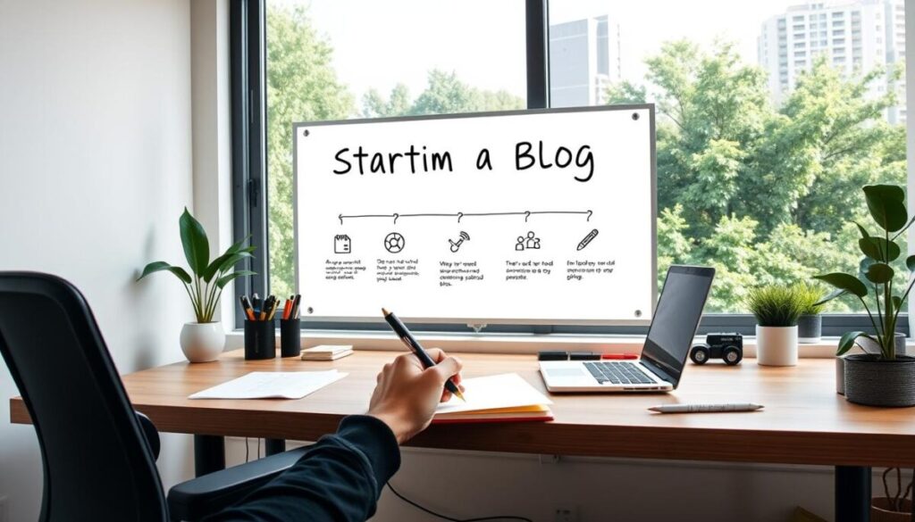 A modern, clean-lined home office setup with a wooden desk, ergonomic chair, and a sleek laptop. In the foreground, a hand is writing in a notebook, with various office supplies neatly arranged. The middle ground features a whiteboard displaying a step-by-step process for "Starting a Blog," with simple icons and minimal text. The background showcases a large window offering natural light and a view of a vibrant, greenery-filled urban landscape, creating a serene and inspiring atmosphere. The overall scene conveys a sense of productivity, organization, and the excitement of embarking on a new blogging journey.