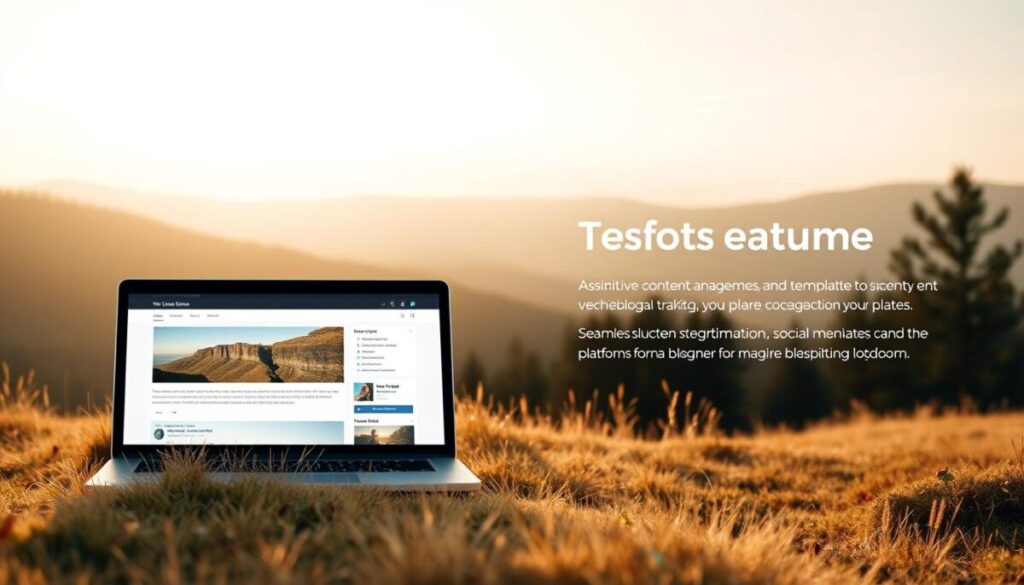 A modern, minimalist blogging platform with a clean, responsive design. The platform's interface features a prominent dashboard, intuitive content management tools, and customizable templates. The foreground showcases a user-friendly post editor with formatting options, while the middle ground highlights seamless integration with social media platforms. In the background, a serene landscape with a warm, natural lighting sets a tranquil, focused atmosphere - perfect for crafting inspiring blog content.