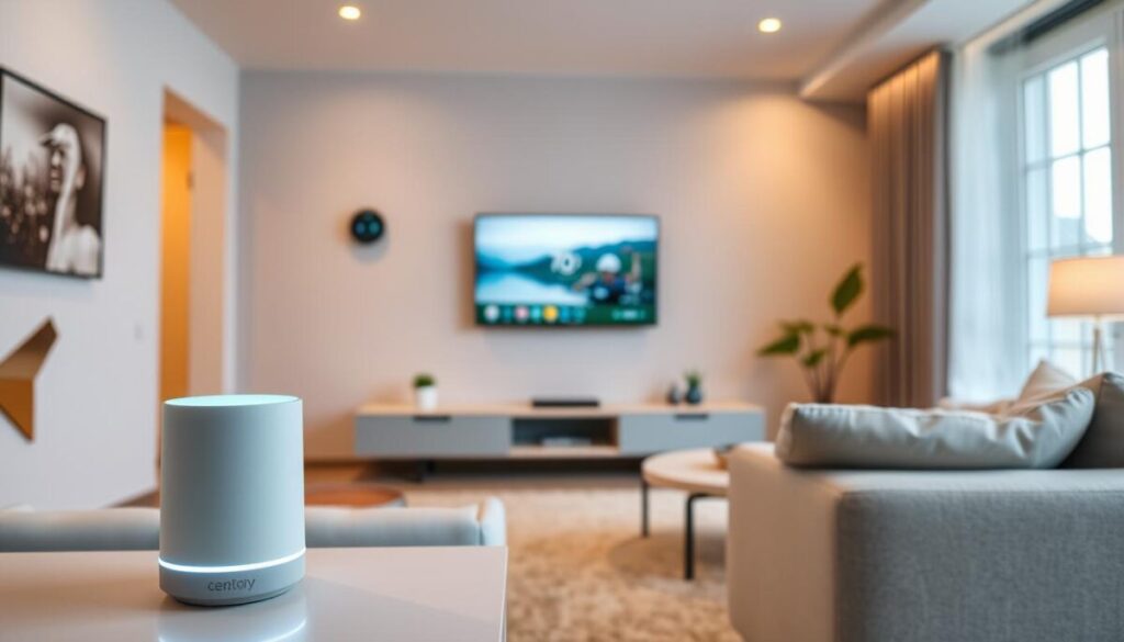 A modern, minimalist living room with a variety of smart home devices seamlessly integrated into the space. In the foreground, a sleek, voice-activated digital assistant sits on a modern side table, its muted LED lights softly glowing. In the middle ground, a state-of-the-art smart thermostat, discreetly mounted on the wall, controls the ambient temperature. In the background, a smart TV displays a crisp, high-definition image, while a connected smart lighting system bathes the room in a warm, adjustable glow. The overall scene conveys a sense of effortless convenience and technological harmony, perfectly suited for the modern, tech-savvy homeowner.
