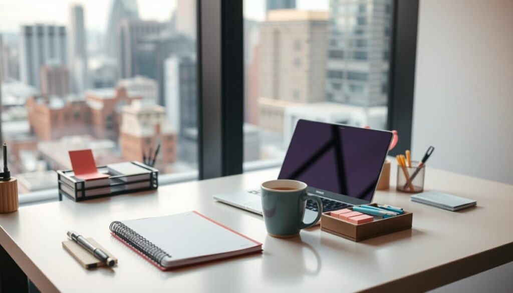 A modern office desk with a minimalist white surface, featuring a laptop, a planner, a mug of coffee, and various organizational tools like a desk organizer, sticky notes, and a pen holder. The lighting is warm and diffused, creating a cozy and productive atmosphere. In the background, a blurred cityscape with skyscrapers is visible through a large window, suggesting a sense of urban energy and inspiration. The overall composition conveys a well-structured and efficient daily time management routine.